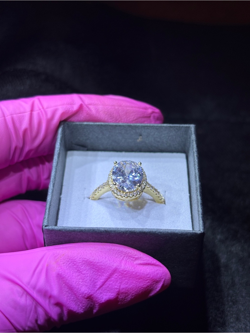 Yellow Gold AAA CZ Oval-Cut Halo Solitaire Ring Size 7 - Picture 13 of 15